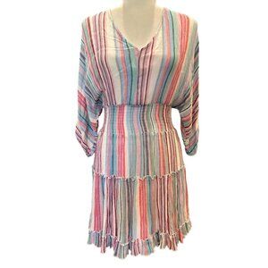La Miel Womens Striped V-Neck Dress Size S With 3/4‎ Sleeves & Ruffle Hem